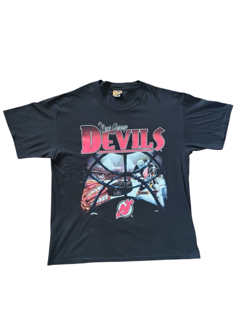 VTG NJ Devils goalie mask T-shirt NUTMEG USA XL NHL New Jersey
